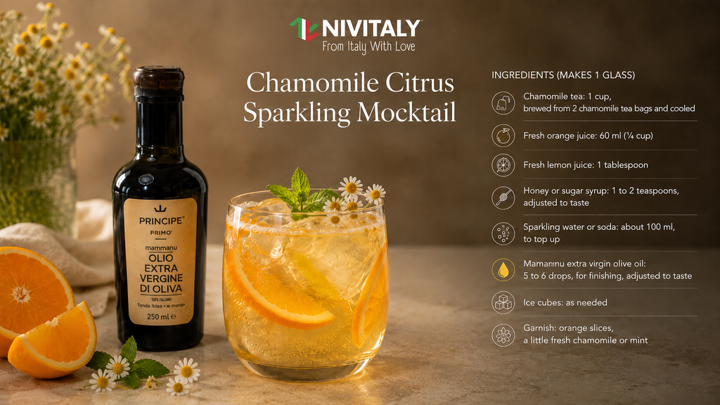 Chamomile Citrus Sparkling Mocktail with a Nivitaly Olive Oil Finish