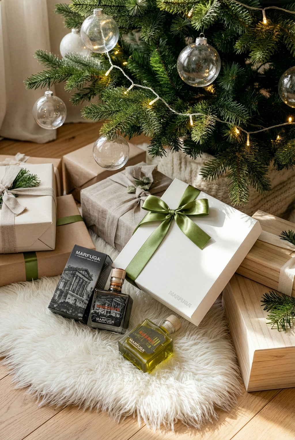 White Marfuga olive oil gift box with green ribbon among wrapped presents under a Christmas tree in a UAE home