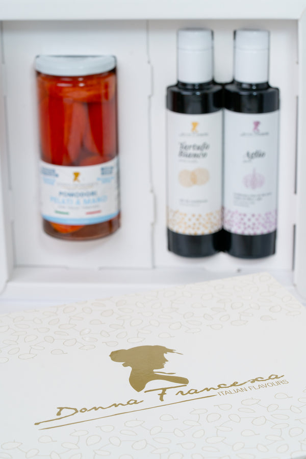 Donna Francesca Flavoured Olive Oil Gift Box | Garlic + White Truffle + Pomodori Pelati