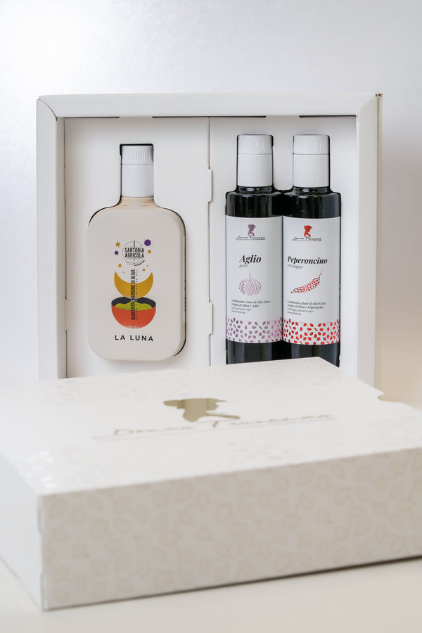 Premium Donna Francesca Trio Gift Box featuring spicy, garlic, and extra virgin olive oil bottles