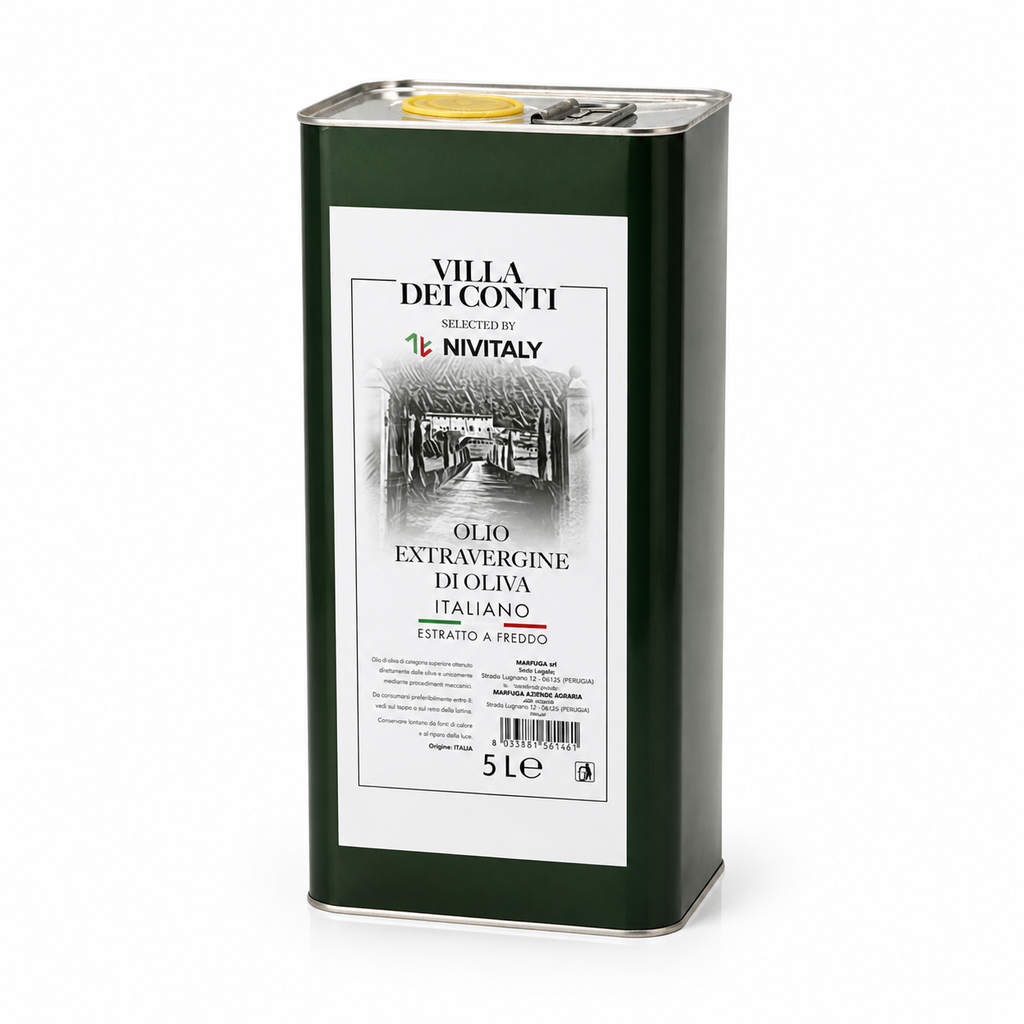 Villa Dei Conti 5 litre extra virgin olive oil tin from Nivitaly for bulk supply to UAE restaurants, hotels, and cafes