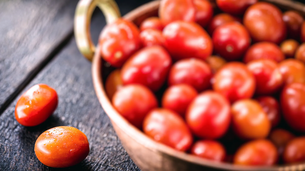 Ripe Italian tomatoes grown in Puglia, irrigated with brackish water for concentrated flavour