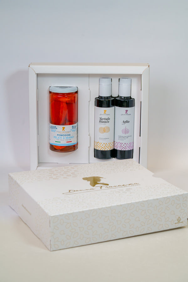 Donna Francesca flavoured olive oil gift box garlic white truffle pomodori pelati gourmet oil set