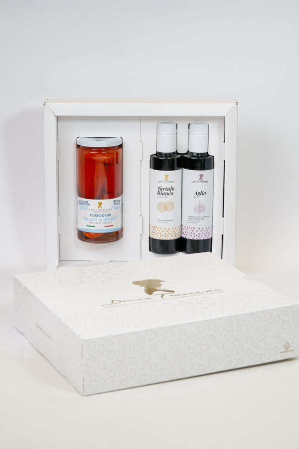 luxury olive oil gift box Donna Francesca garlic white truffle pomodori pelati oils